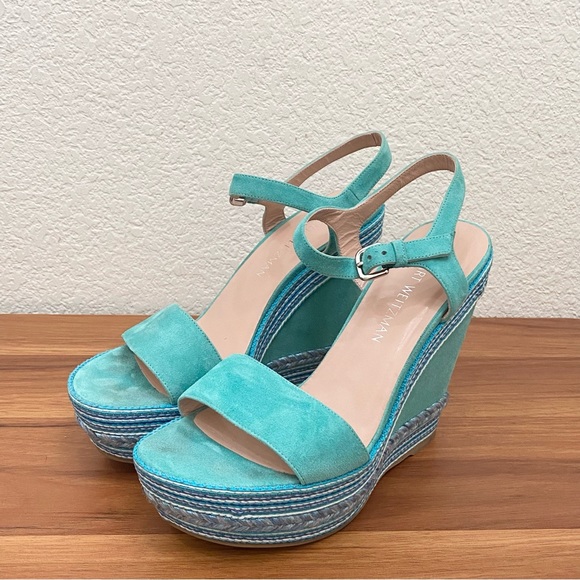 STUART WEITZMAN Single Island Embellished Rope Turquoise Suede Wedge Sandals 8.5 - Picture 4 of 16